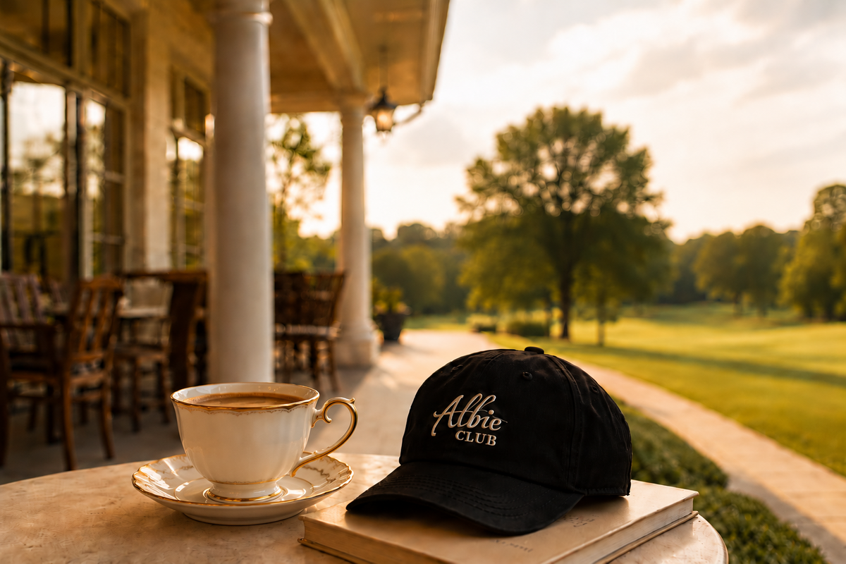 Albie Club cap beside morning coffee at the clubhouse