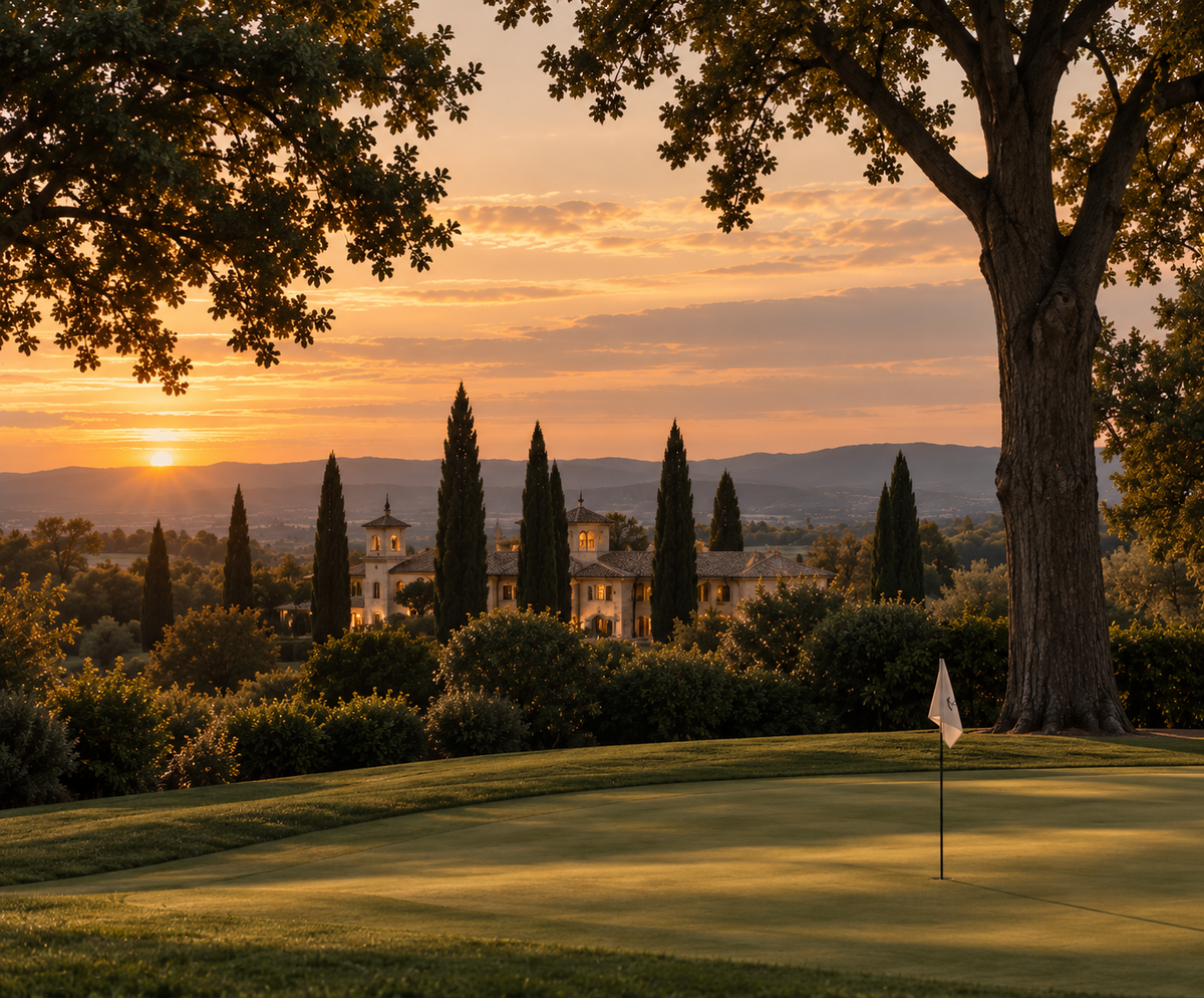 Golden-hour view across a golf green