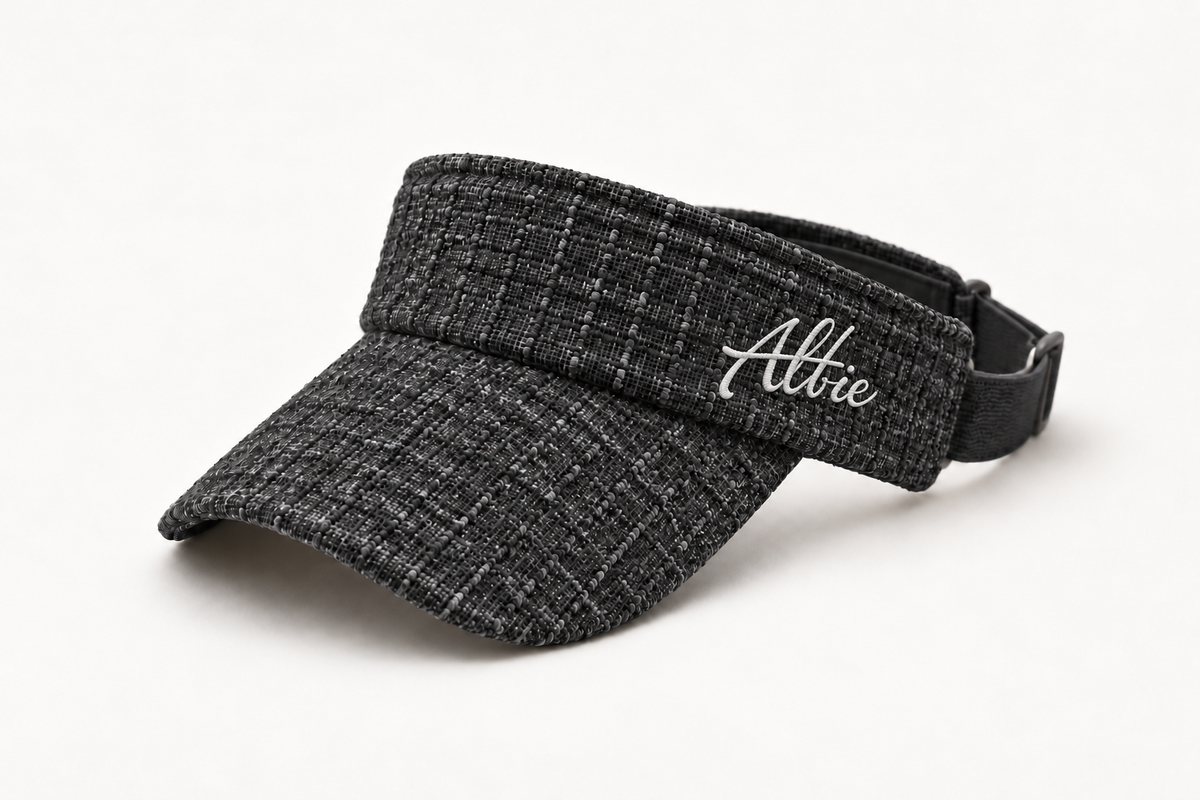 Charcoal tweed Albie visor with crisp white embroidery and black lining